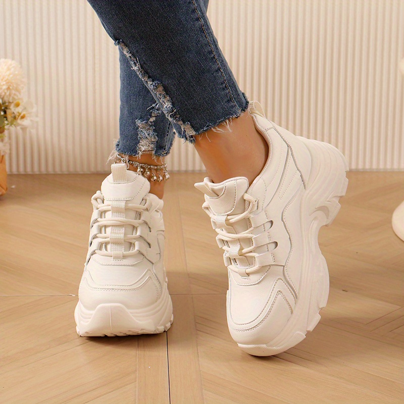 Women's Lace Thick Sole Chunky Sneakers Trendy Height - Temu