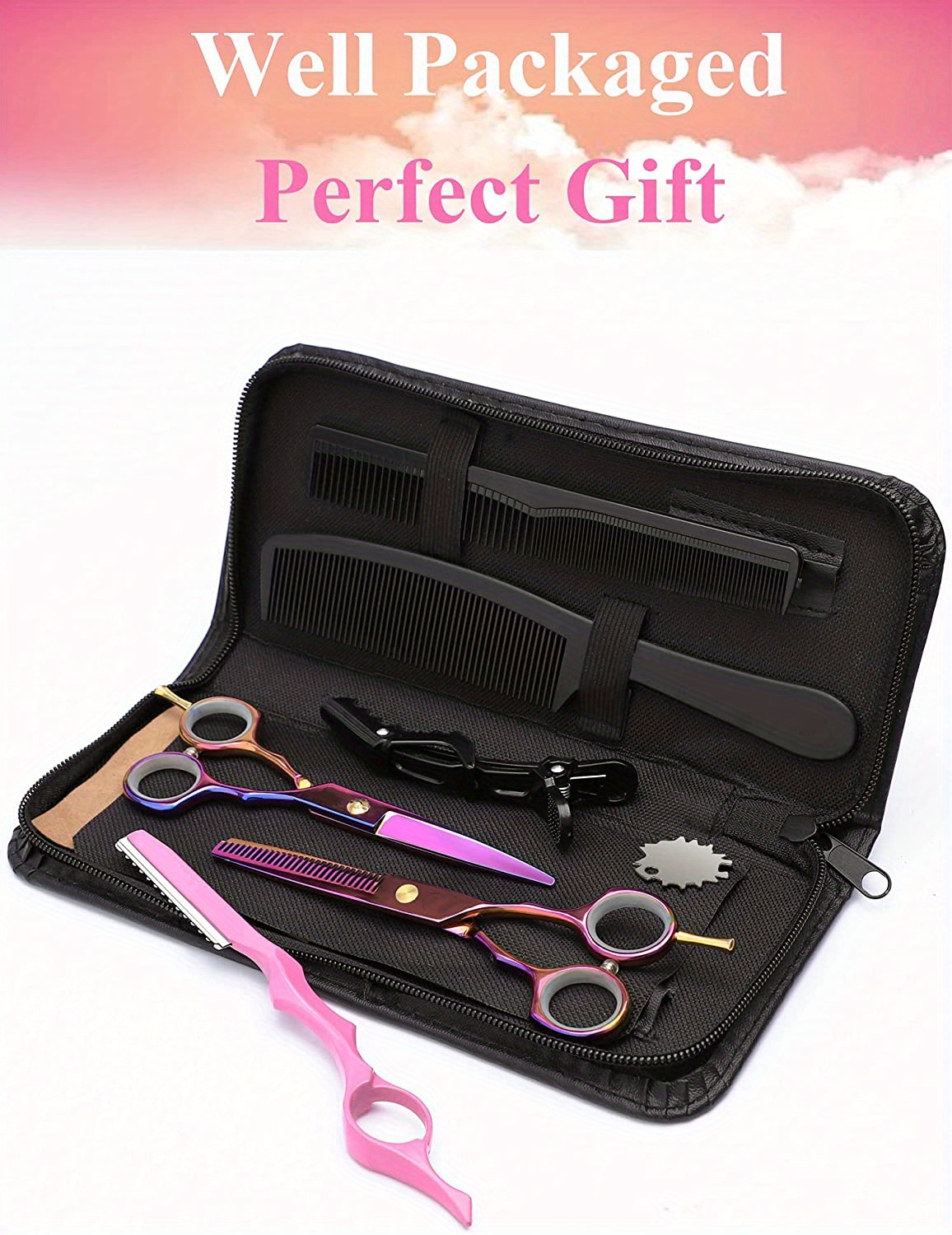5 5 inch purple hair cutting scissors set with razor pu leather scissors case barber hair cutting shears hair thinning texturizing shears for professional hairdresser or home use multi colored details 6