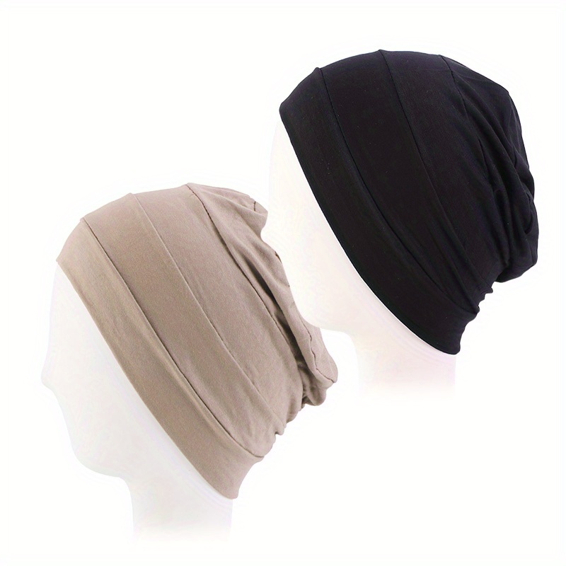 2pcs Ruched Turban Solid Inner Cap Lightweight Head Wrap Underscarf Beanie Cap