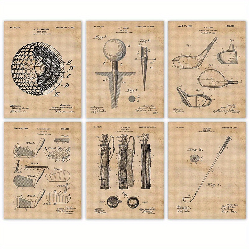 Vintage Golfing Patent Prints Set 6 Unframed Photos Wall Art - Temu