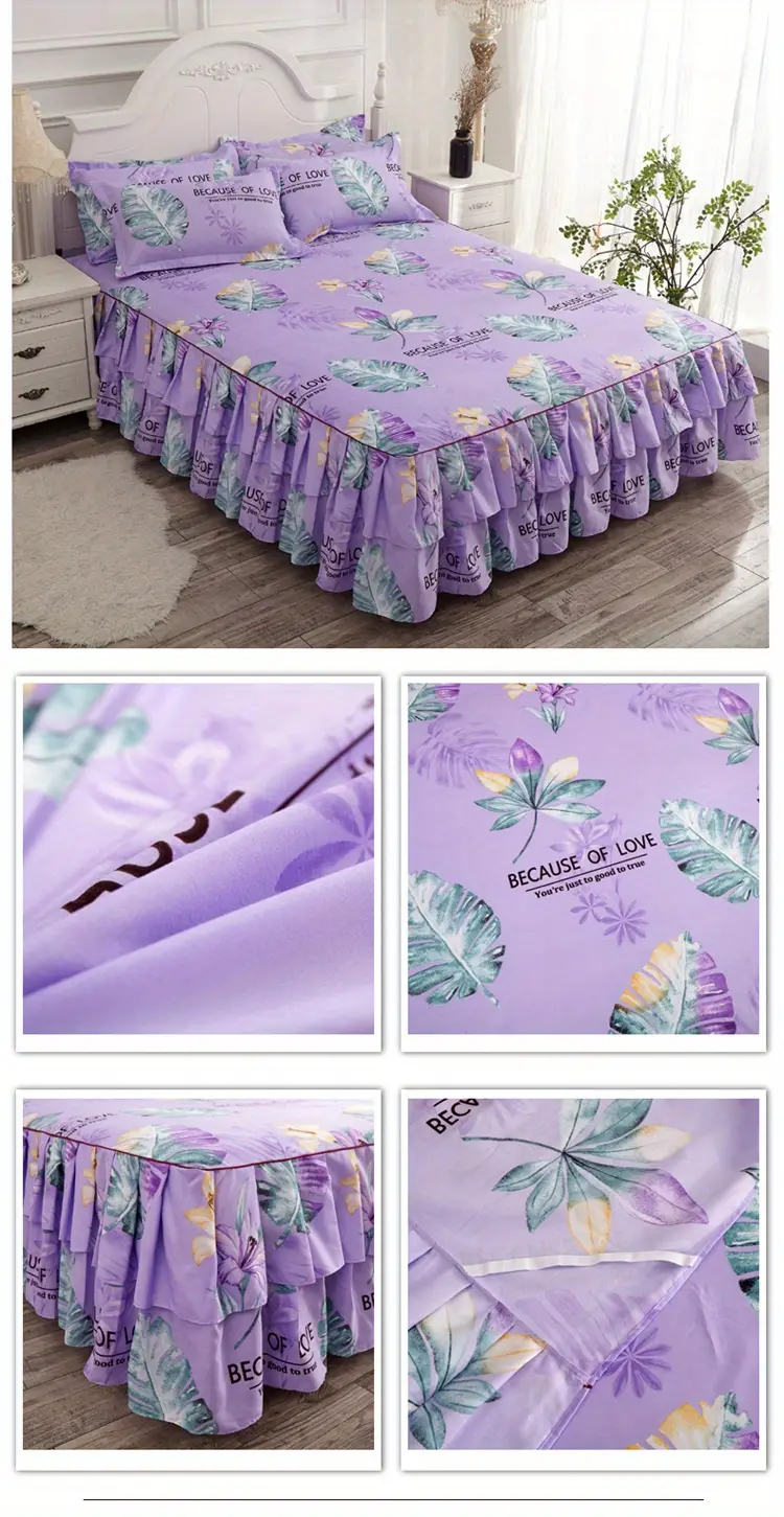 3pcs pleated macrame bed skirt set love flower printed all seasons universal non slip bedding set machine washable bed skirt 1 pillowcase 2 without core details 3