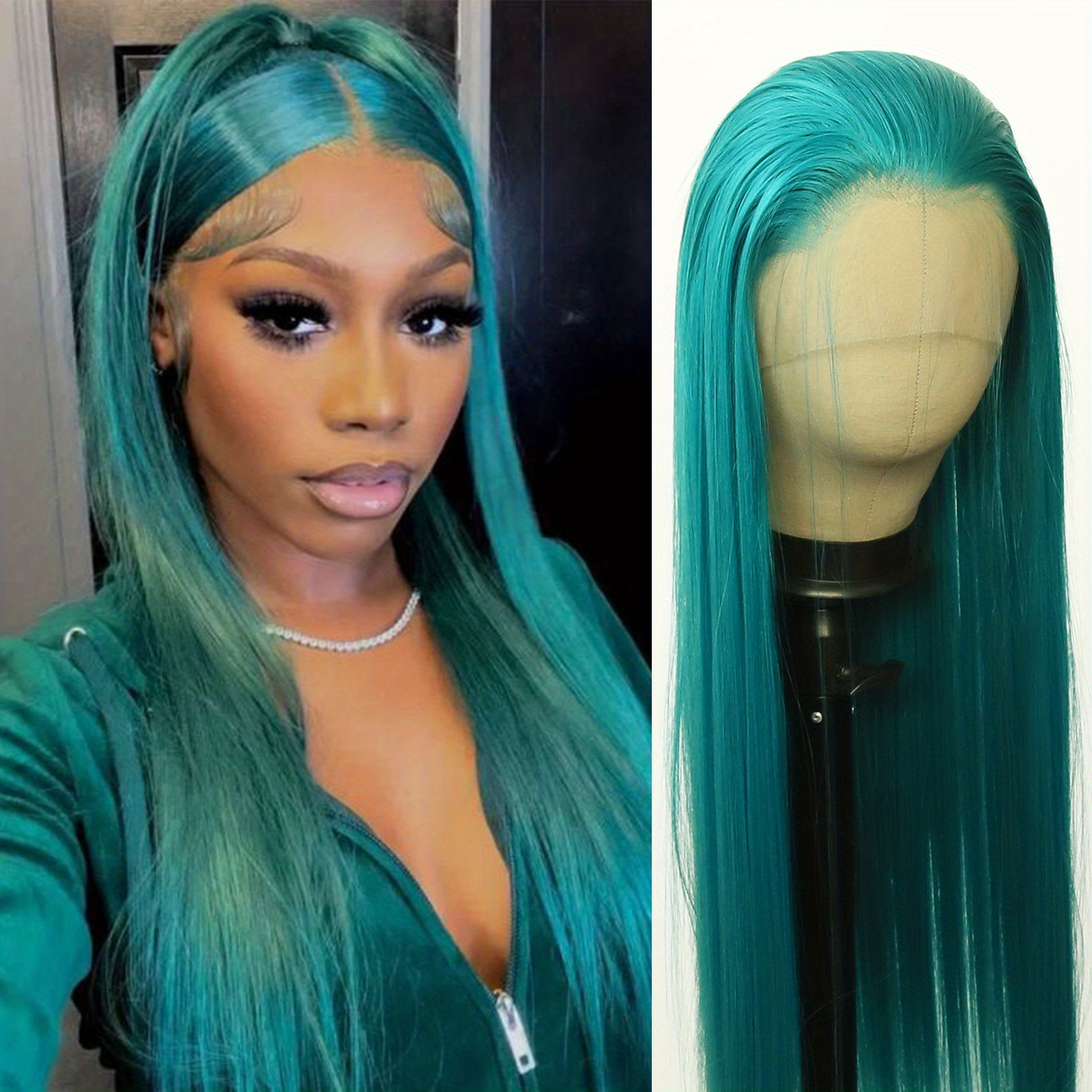 Blue Synthetic Lace Front Wig Long Straight Dark Blue Lace Temu