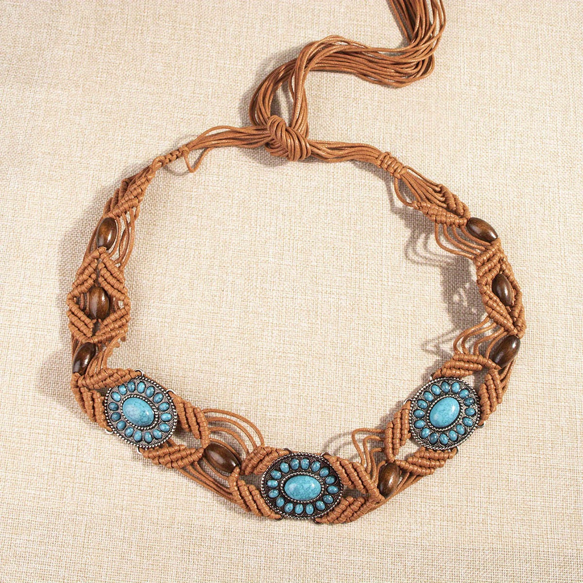Image of Turquoise Inlaid Braided Belt Boho Hollow Out Wax Rope Waistband Vintage Decoration Dress Girdle For Women