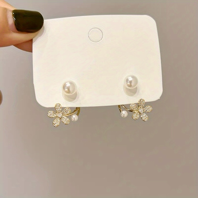 TEMU Delicate Stud Earrings Elegant Flower With Artificial Pearl Inlaid Kc Golden Plated Gifts For Women Daily Casual