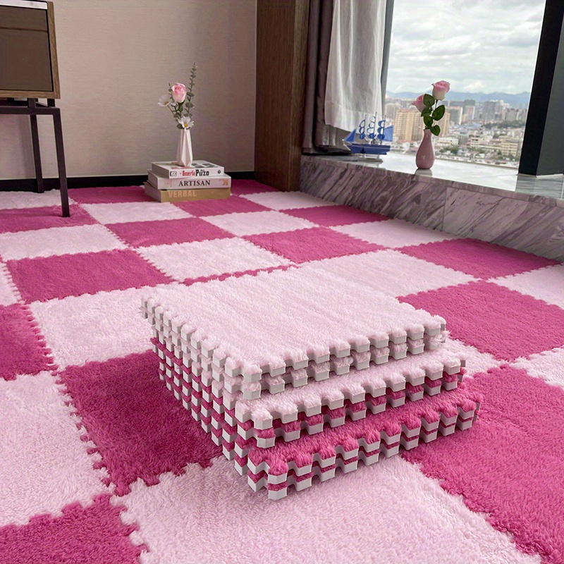 20 Pcs Interlocking Carpet Tiles,Plush Foam Square Floor Mats  Set,Interlocking Fluffy Tiles Square Puzzle with Border,20 Tiles/19.4  Sq.Ft,Dark+Light