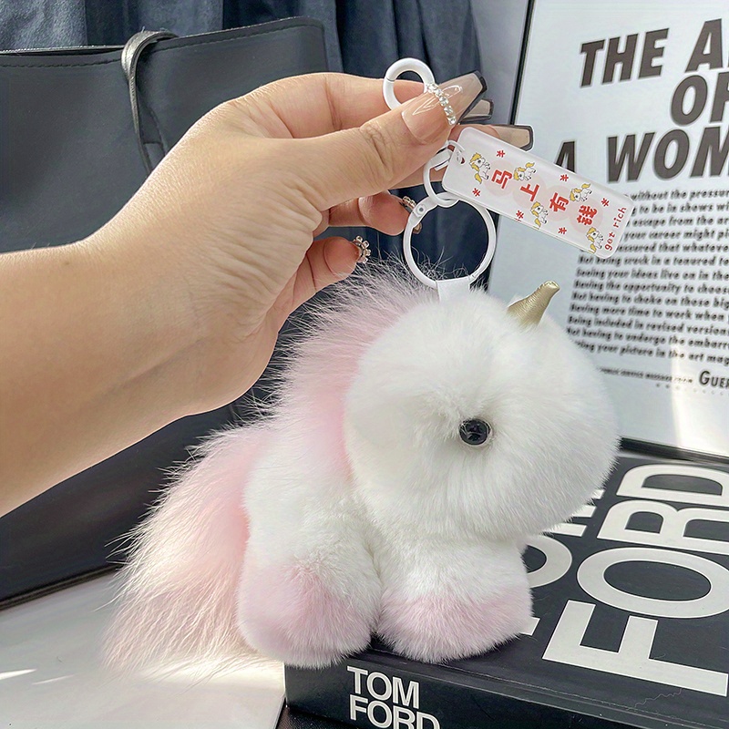 Adorable Korean Plush Pony Charm Zircon Rabbit Fur Unicorn Bag