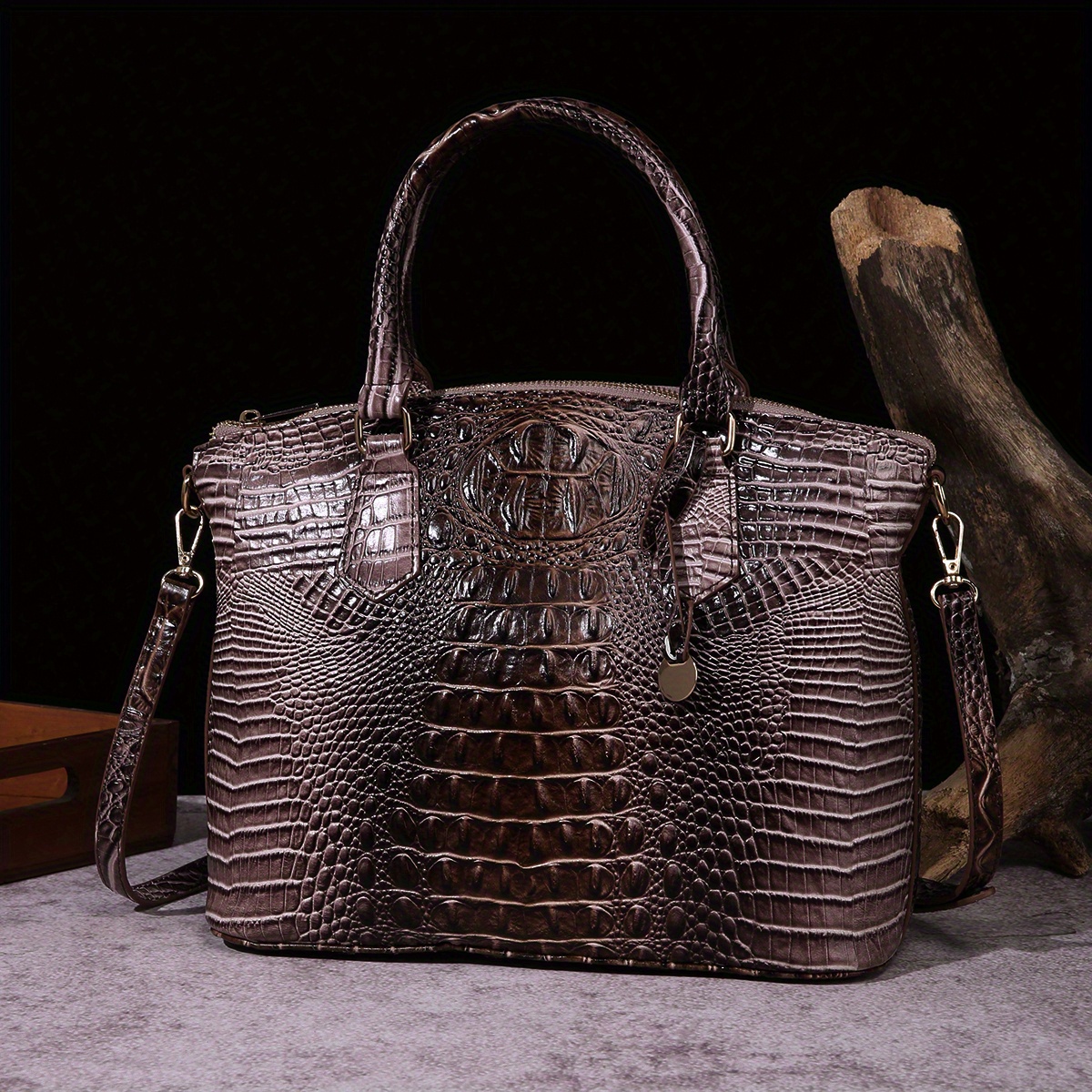 ZiMing Rectangle Handbags for Women Top-Handle Handbag Crocodile Pattern  Leather Purse Satchel Long Tote Bags Shoulder Bag