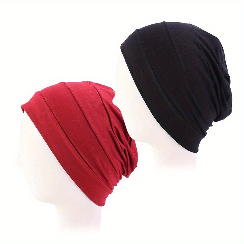 2pcs Ruched Turban Solid Inner Cap Lightweight Head Wrap Underscarf Beanie Cap