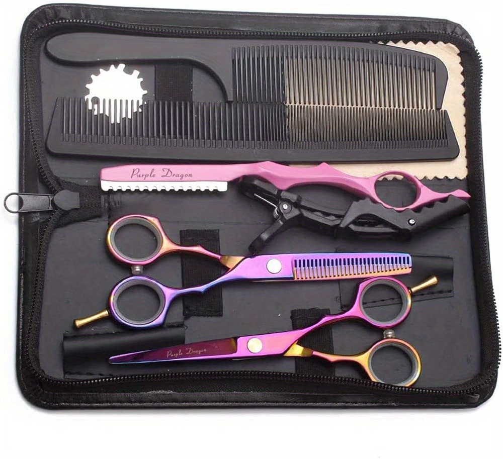 5 5 inch purple hair cutting scissors set with razor pu leather scissors case barber hair cutting shears hair thinning texturizing shears for professional hairdresser or home use multi colored details 1