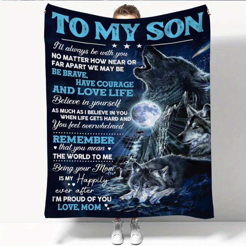 1pc wolf printed flannel blanket to my son from mom envelope blanket soft throw blanket nap blanket for couch bed sofa office camping best gift square blanket for son details 3