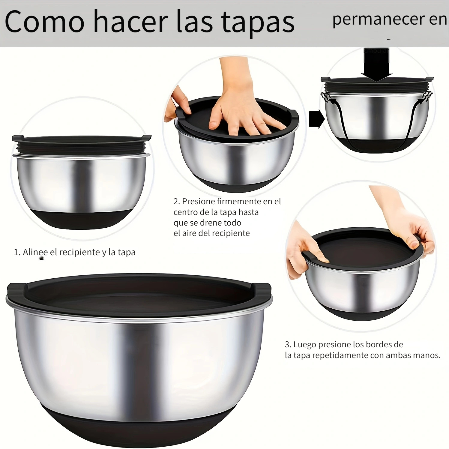 4 Tazones Para Mezclar De Chef Con Tapa Hermética, 4 Tazones Anidados De  Metal De Acero Inoxidable Con Fondo Antideslizante, Tamaños 4.2, 2.5, 1.5,  0.