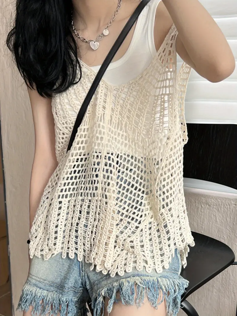 Crochet Cover Knitted Top Casual Beach Wear V neck Tank Top - Temu