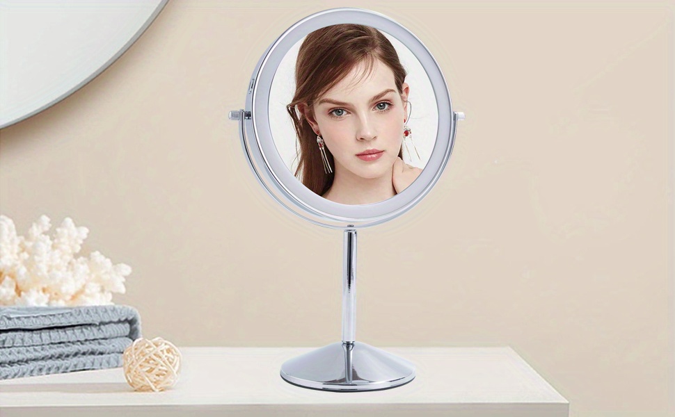  Espejo de aumento con luz 10X, espejo de maquillaje LED, espejo  cosmético giratorio con aumento de 10X, espejo de mesa de 9 pulgadas, espejo  doble independiente con pedestal para maquillaje (color