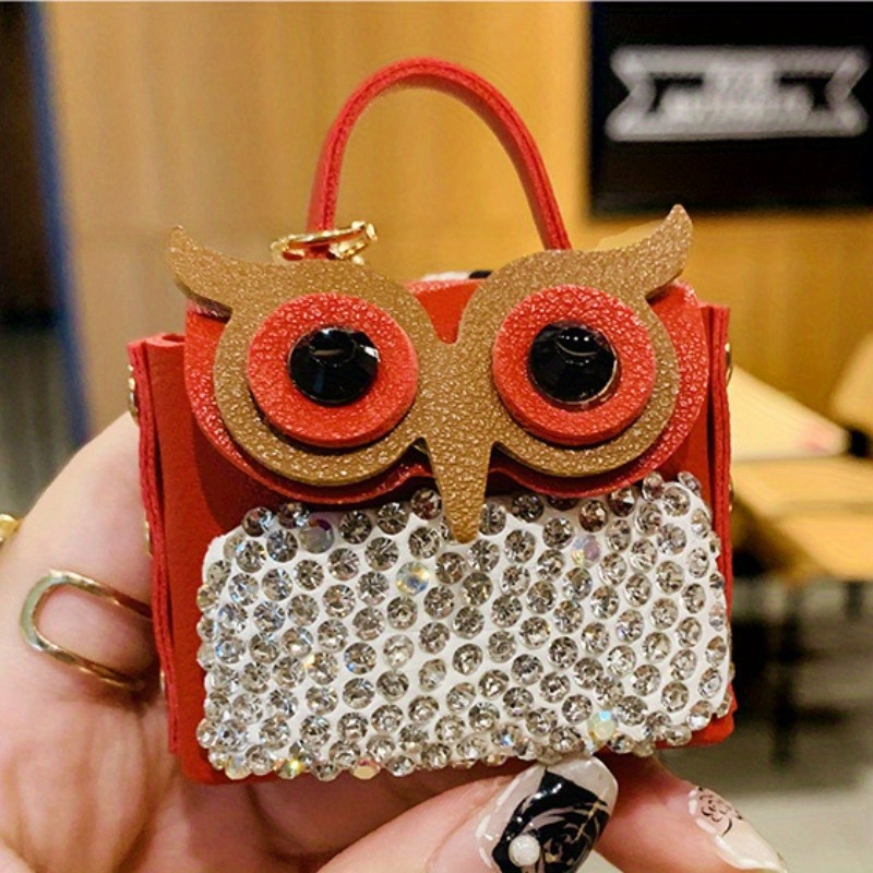 Leather Lovely Owl Keychain Coin Purse Headphone Bag Rhinestone