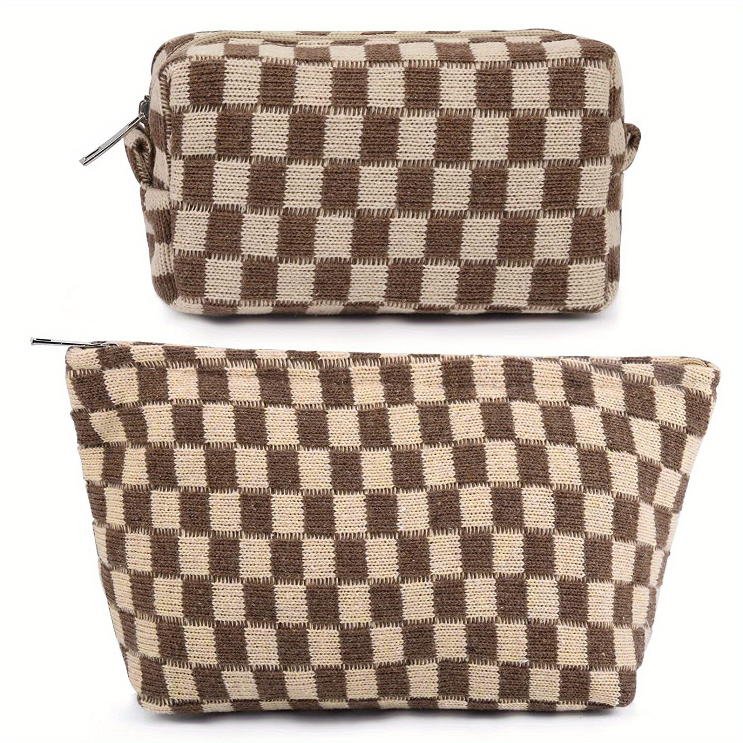 2Pcs Cosmetic Travel Bag, Brown Checkered Makeup Bag, Lightweight