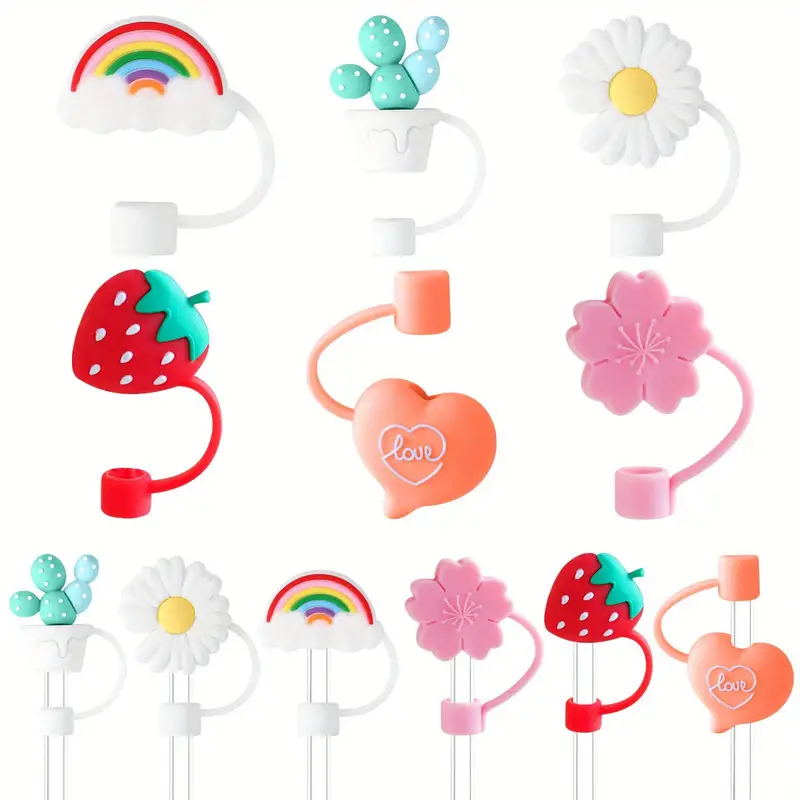 6pcs Reusable Silicone Straw Tips Covers - Lovely Flower & Fruit Shapes - Perfect for Drinking!