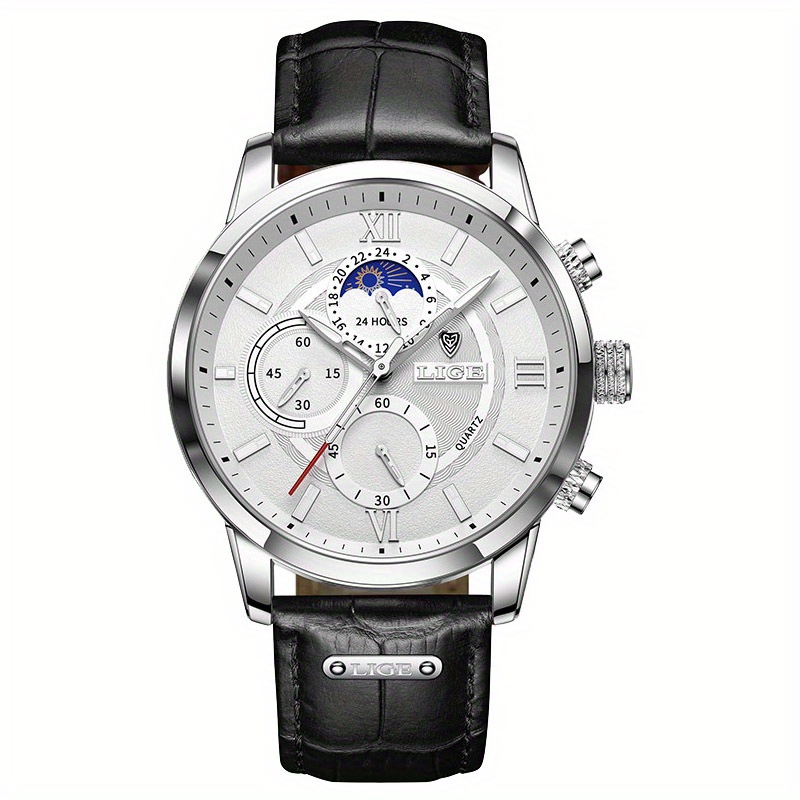 LIGE Men Watches Leather Waterproof Luminous Quartz Wristwatch