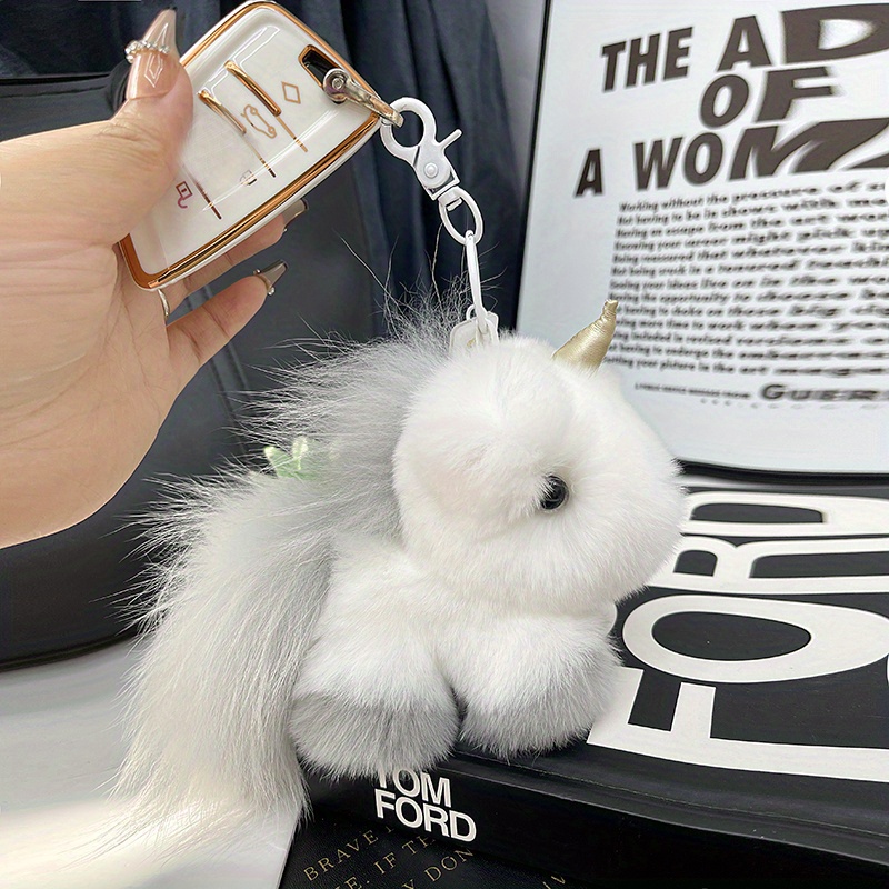 Adorable Korean Plush Pony Charm Zircon Rabbit Fur Unicorn Bag