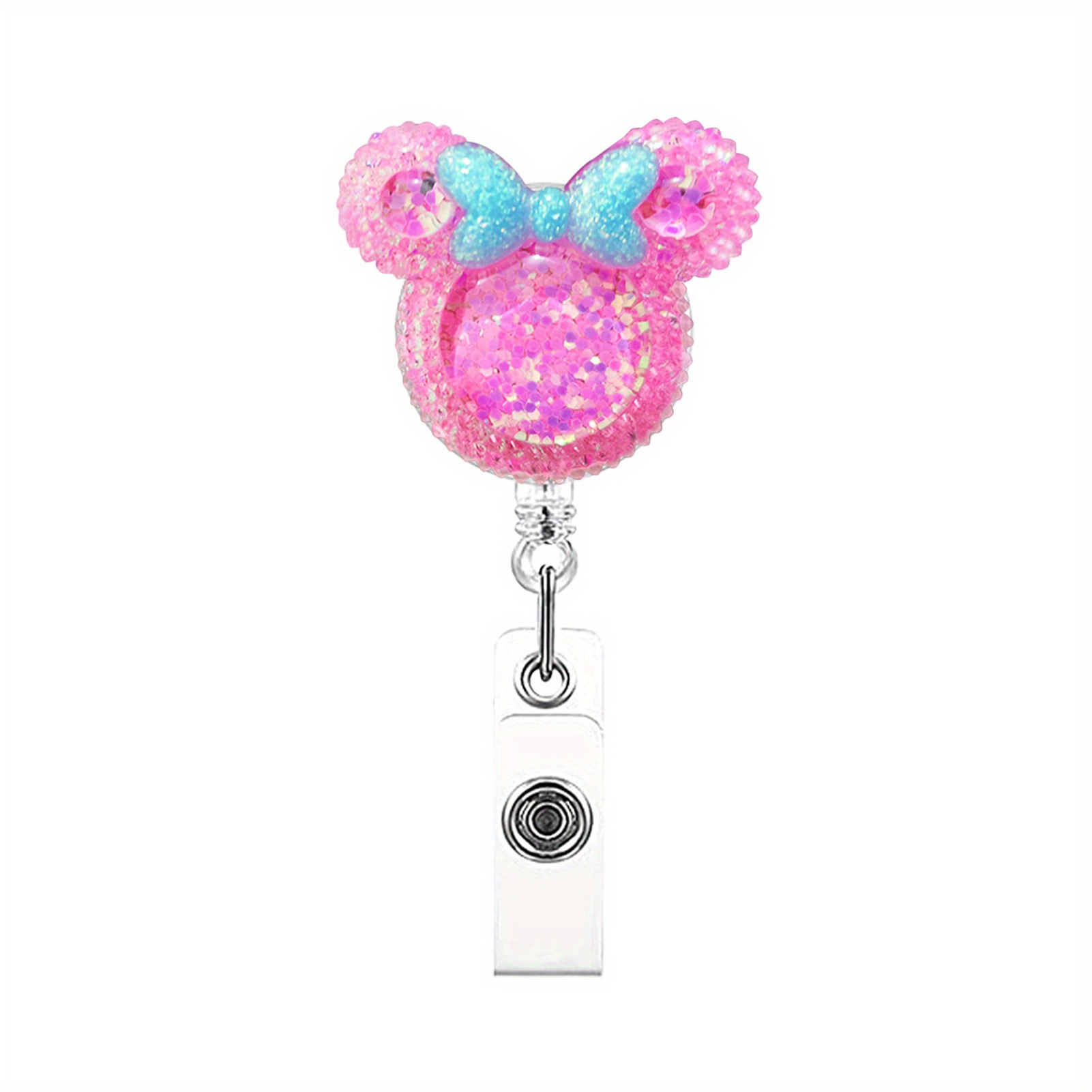 1pc Crystal Bow Mouse Head Shape Retractable ID Badge Holder, Crystal Patch Acrylic Easy To Pull Bucklen Badge Retractable Card Holder For Office