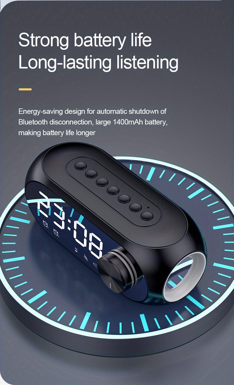 Função de despertador duplo com alto-falante de relógio bt com suporte de luz led colorido ajustável bt call tf card play rádio fm áudio portátil adequado para quarto de festa ao ar livre s8 detalhes 2