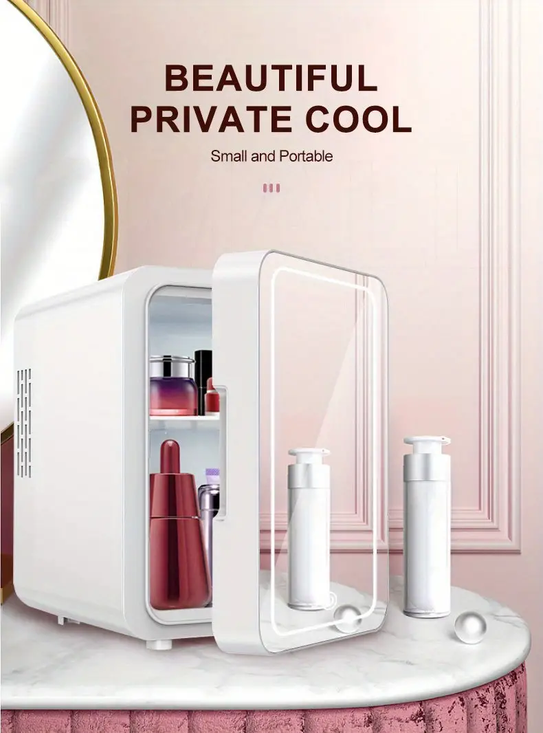 skincare fridge mini fridge with dimmable led mirror 6 liter 6 can cooler and warmer for refrigerating makeup skincare and food mini fridge for bedroom office and car pink white details 0