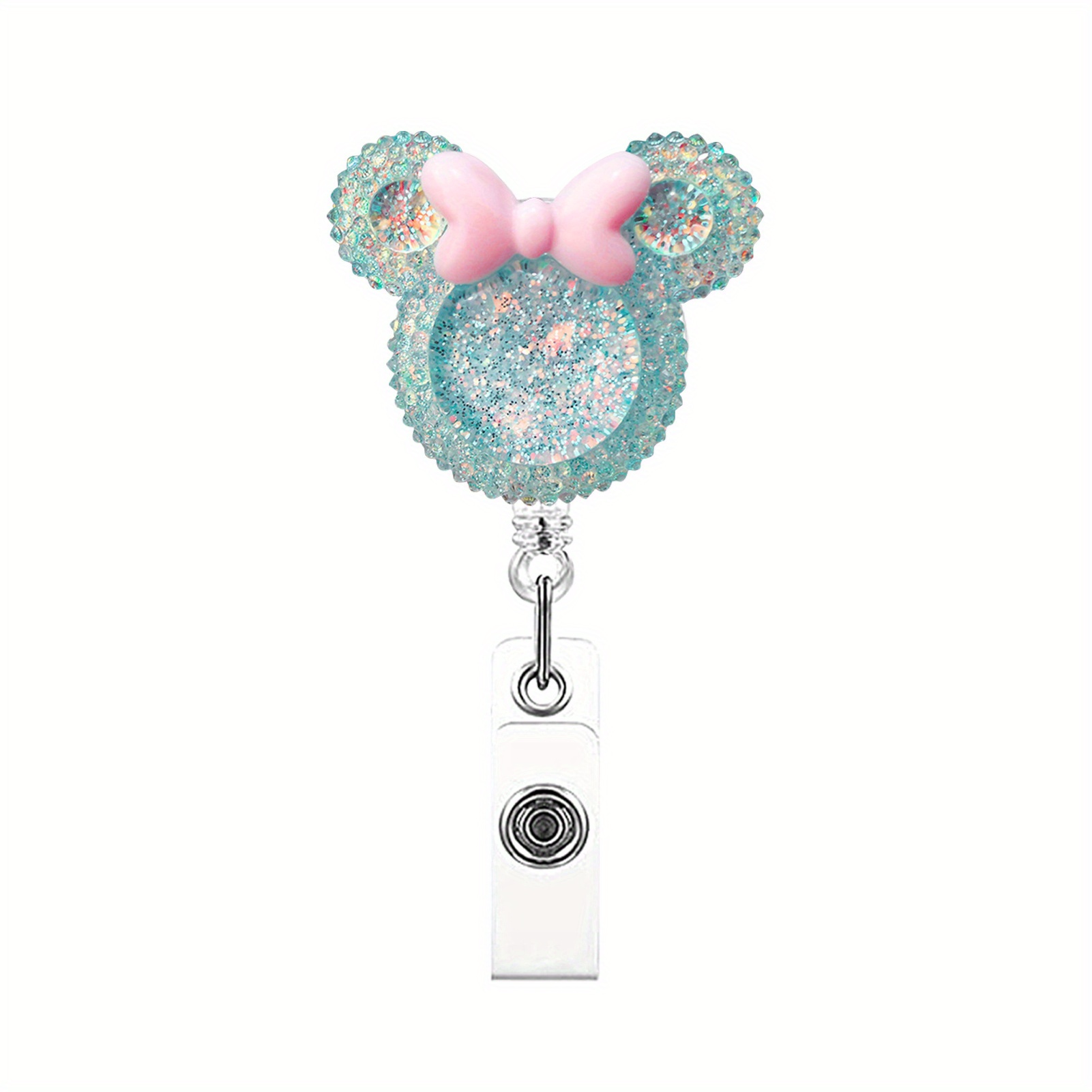 Flower,pc Crystal Bow Mouse Head Shape Retractable ID Badge Holder, Crystal Patch Acrylic Easy to Pull Bucklen Badge Retractable Card Holder for