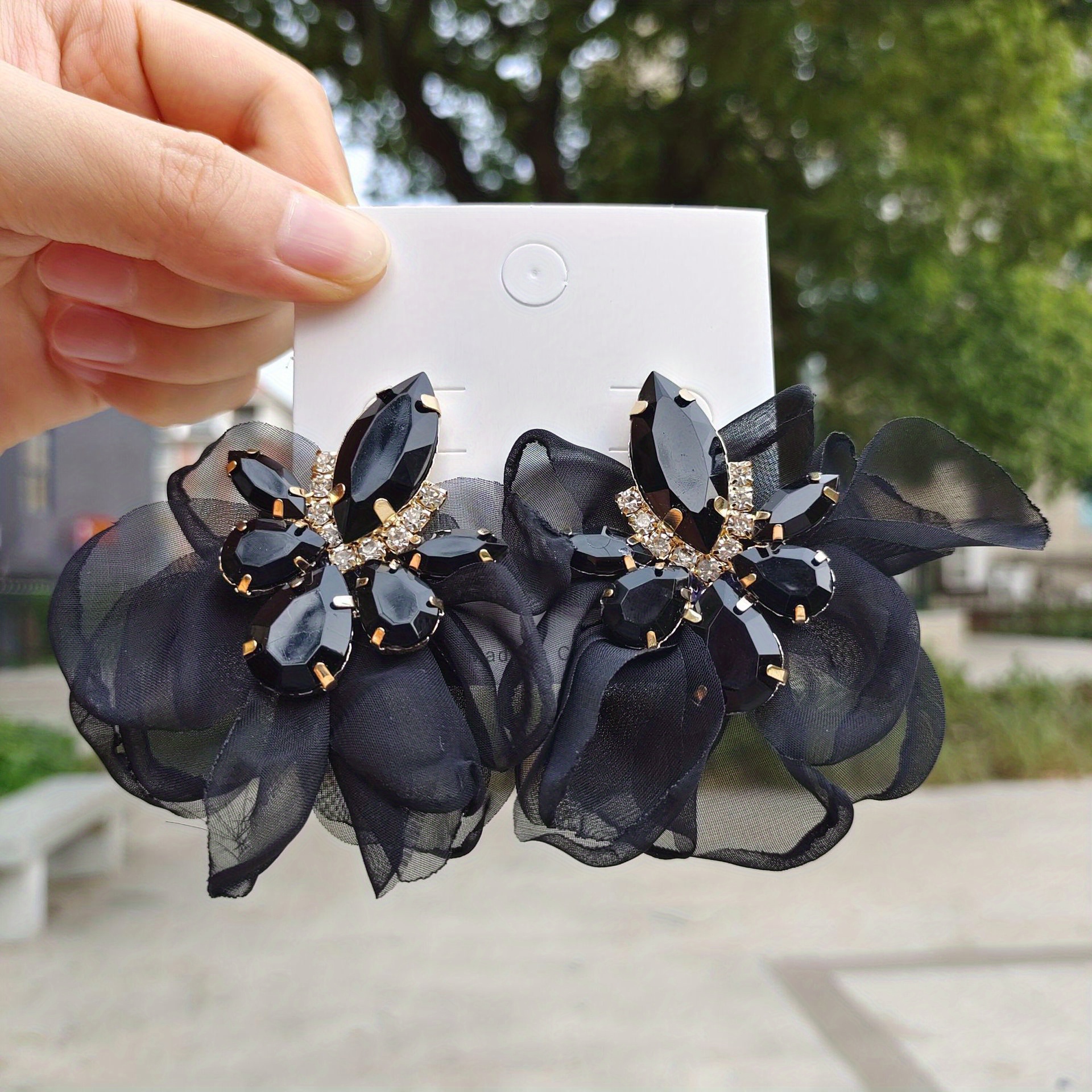 Exquisite Fabric Flower Shiny Zircon Decor Dangle Earrings - Temu