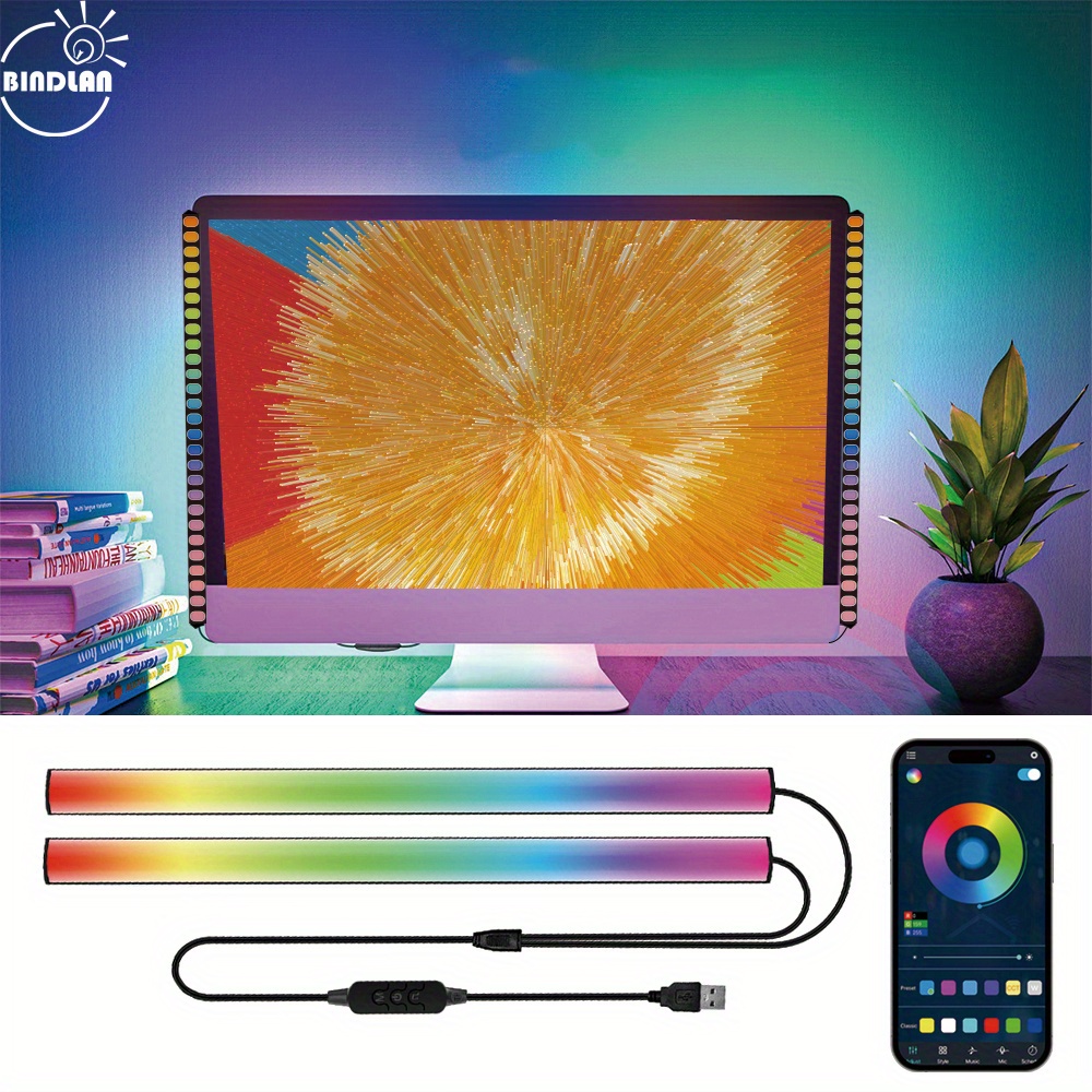 1set 2 in 1 under monitor light bar 2 pcs screenbar light desk lamp computer with app controlle color changing music sync led dynamic rainbow effect usb powered for pc setup keyboard light gaming room details 2