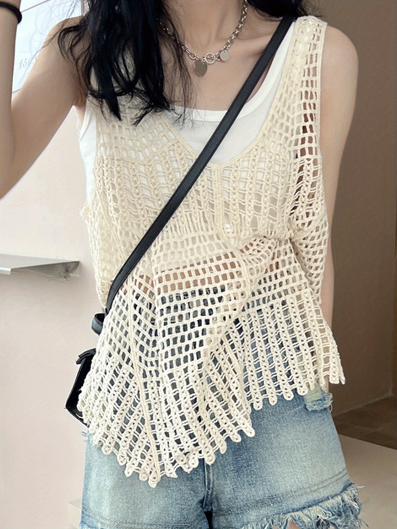 Crochet Cover Up Top Punto Casual Beach Wear Camiseta Sin Temu