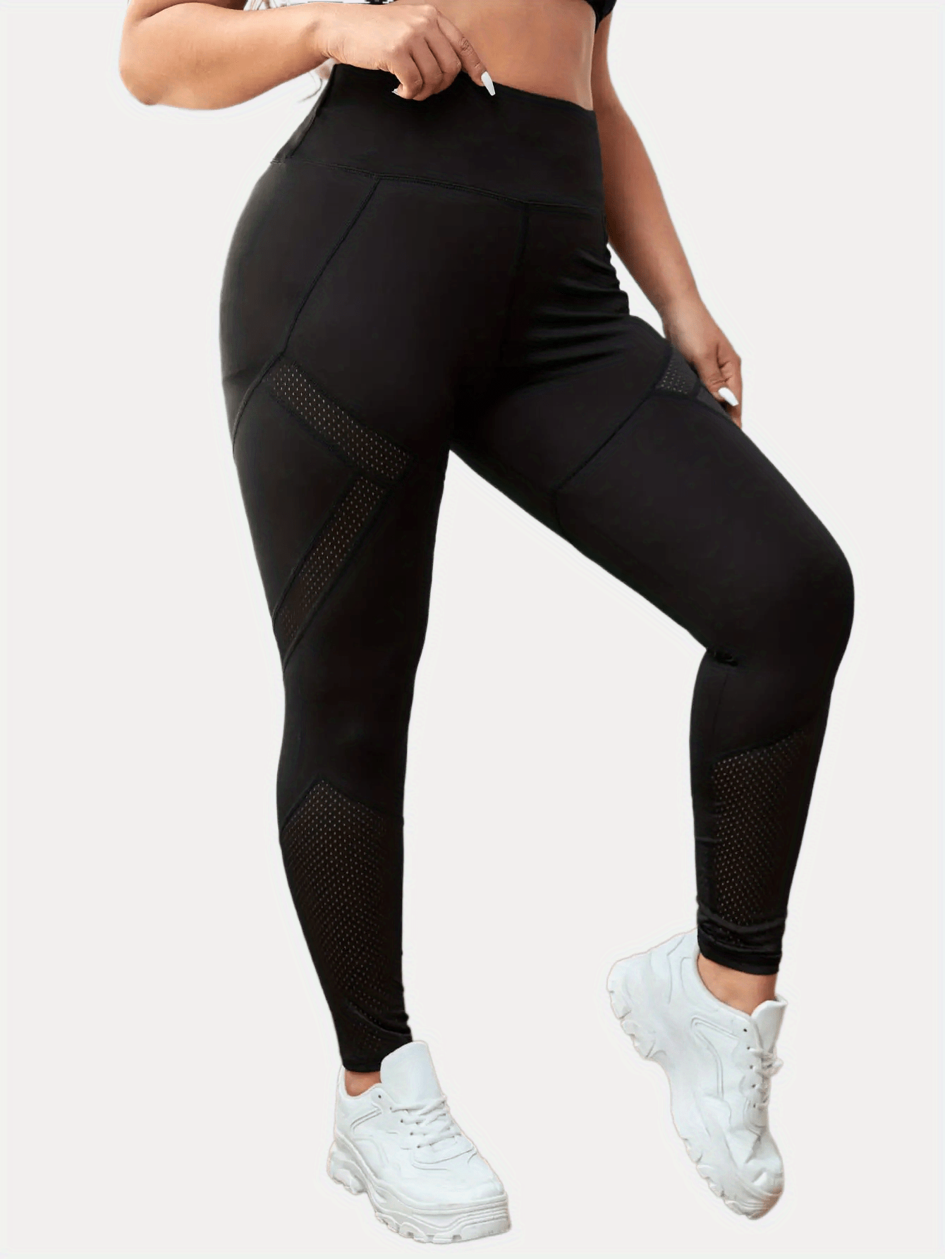 Plus Size Sports Leggings, Women's Plus Solid Contrast Mesh Pipping Wide  Band Waist High * High Stretch Leggings