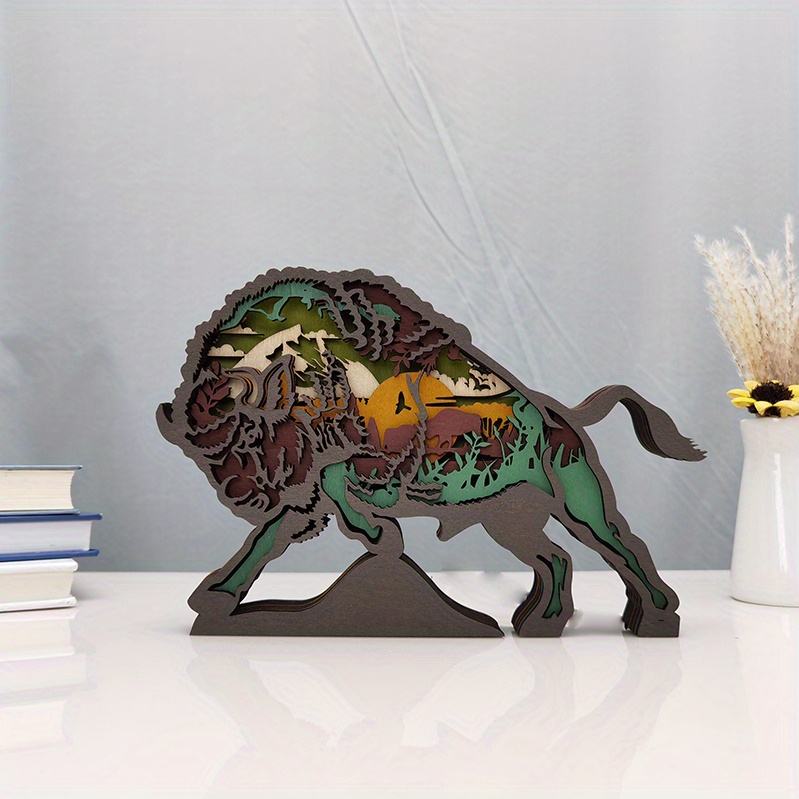 bison wooden carving gift suitable home decoration holiday details 3