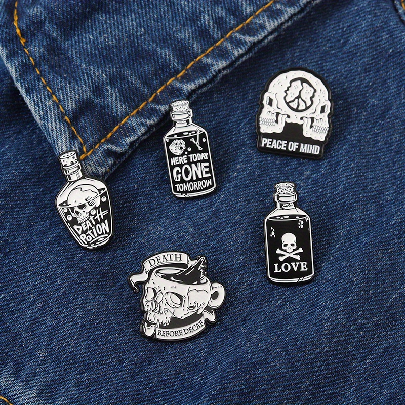 Punk Skeleton Enamel Pins Custom Black White Skull Potions Temu 