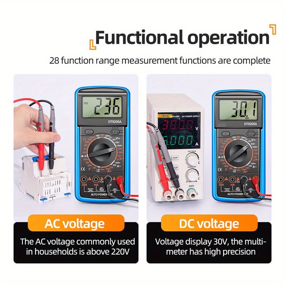 1pc DT9205A DMM Multimètre Professionnel Numérique HFE AC Tension Courant  1000V 20A Capacité Résistance Continuité Testeur De Diode Pas De Piles  Incluses - Temu France