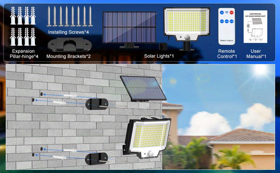 1pc Solar Motion Sensor Light Outdoor, waterdichte wandlampen, met 200 heldere LEDs, afstandsbediening, apart paneel, 16.4Ft kabel, schemering tot zonsopgang verlichtingsmodus, beveiliging zonne-energie schijnwerpers voor veranda tuin garage achtertuin patio schuur muur details 5