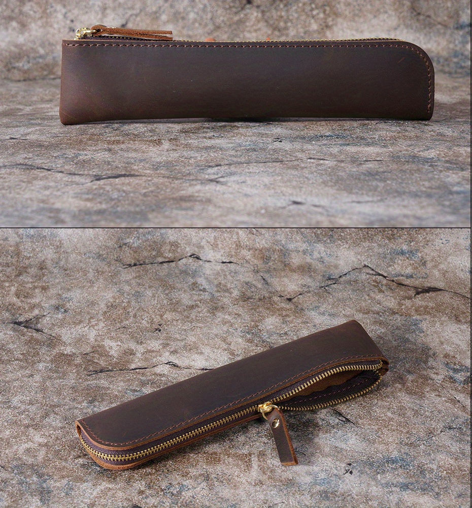 Vintage Genuine Leather Pen Case - Handmade Pencil Holder, Office Organizer Bag