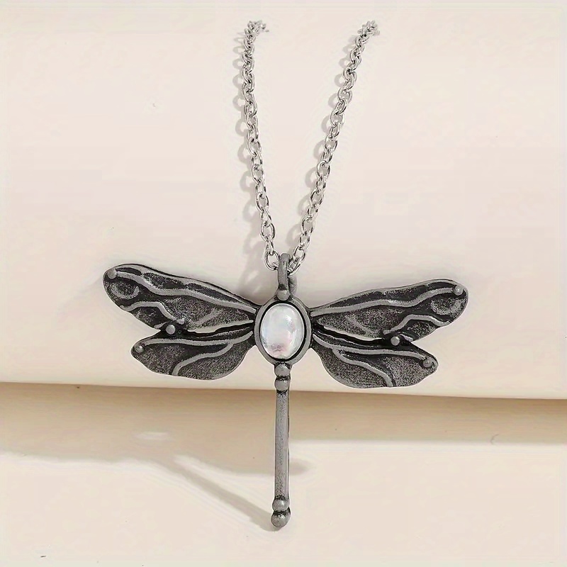 Boho Style Silvery Dragonfly Pendant Necklace With Synthetic Gemstone Inlay, Alloy Gothic Fashion , Ideal Festive Gift