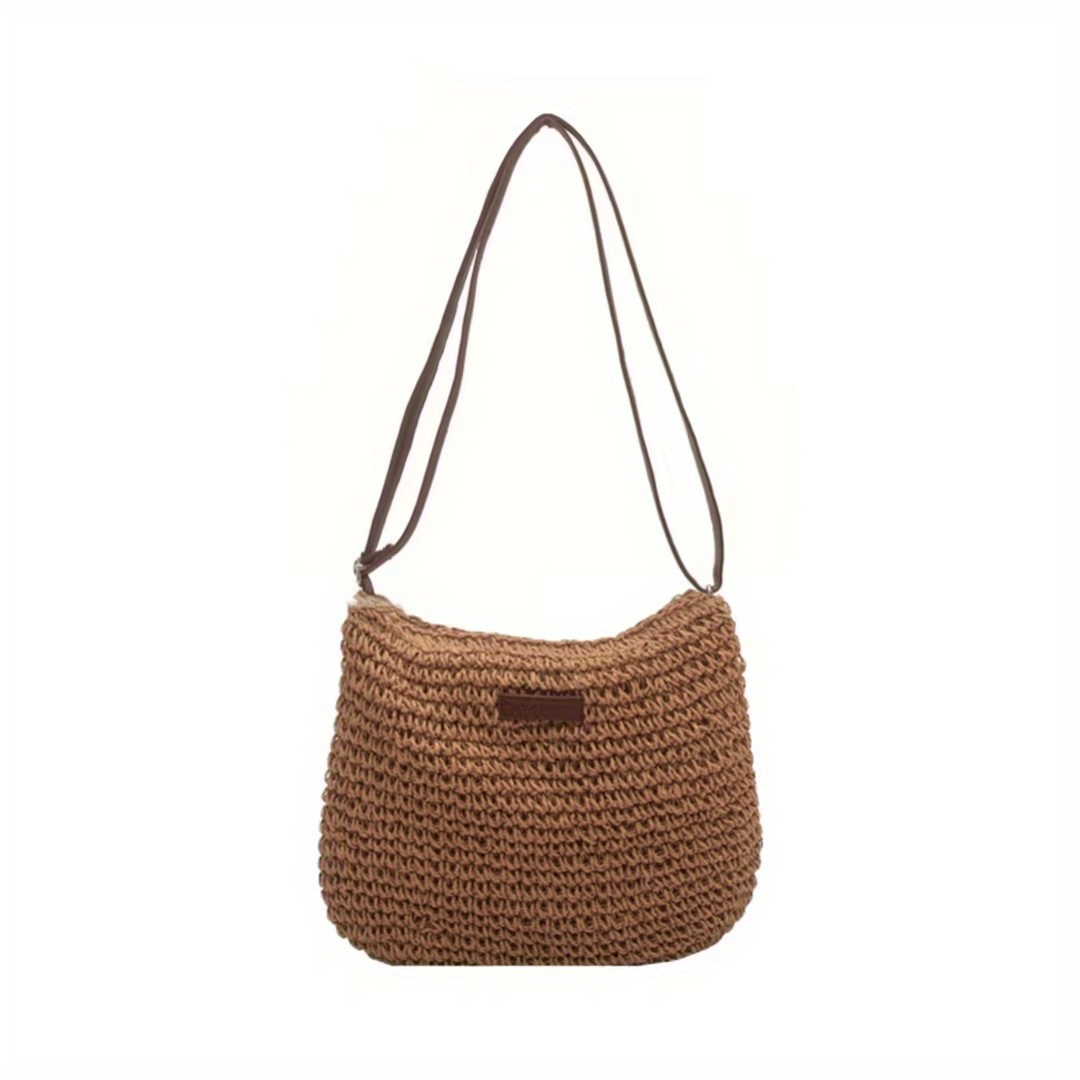 Patch Leather Woven Straw Shoulder Bag Zipper Beach Crossbody Bag