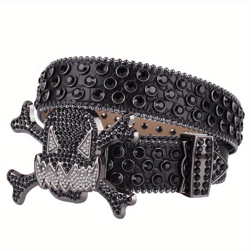 Black belt with clear crystals and silver skull