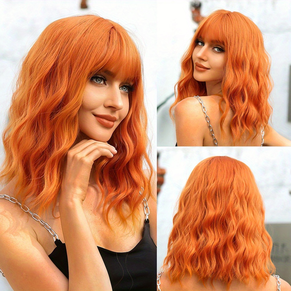 TEMU Curly Orange Wig With Bangs - 14 Inches Long Synthetic Wig For Women's Daily Wear And Cosplay Music Festival