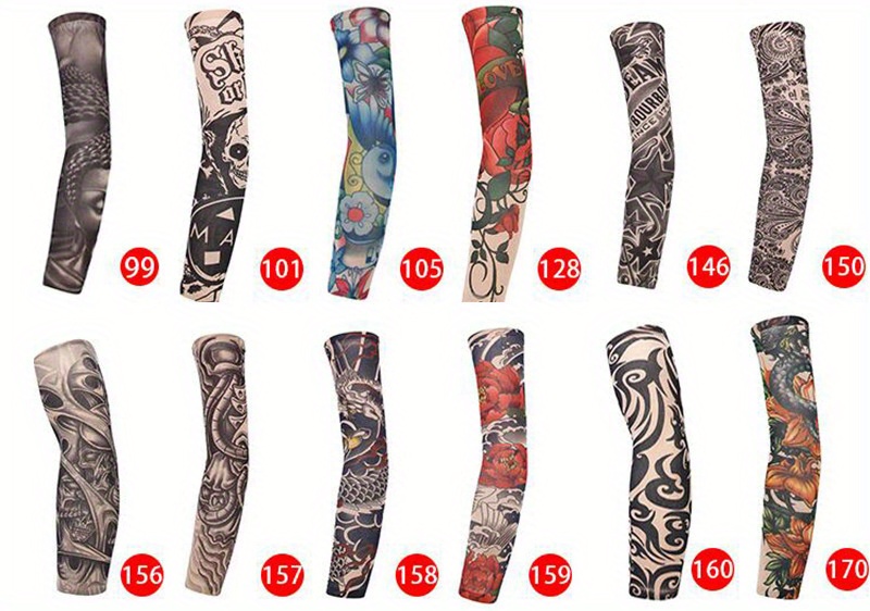 Unisex Sun Protection Tattoo Sleeves in Random Combinations, Featuring Old School Floral Designs, Tattoo Ice Sleeves for Outdoor Cycling, Sun Protection Sleeves for Driving, with Unique Patterns in Each Set.