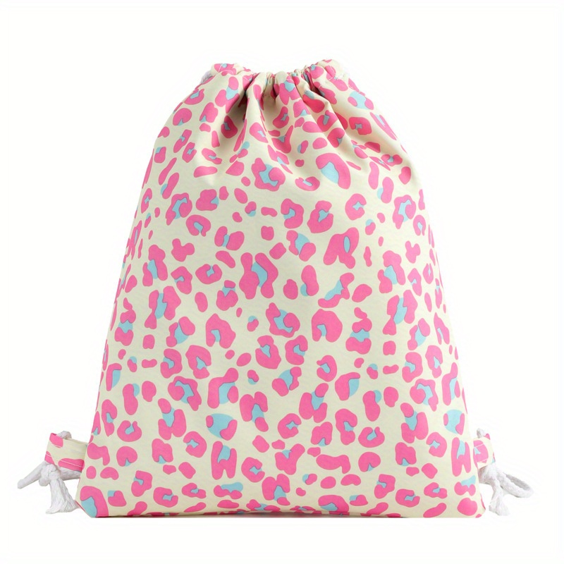 Pink Leopard Pattern Drawstring Backpack Lightweight Daypack