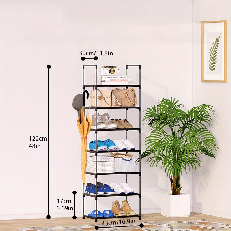 Space-saving Black Metal Shoe Rack With Hooks For Entryway