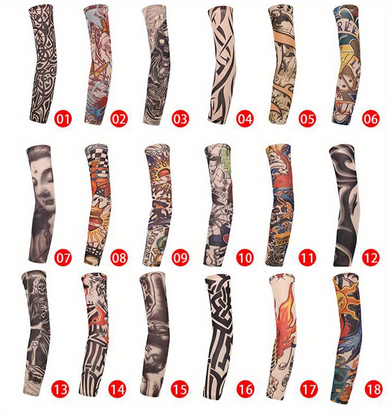 Unisex Sun Protection Tattoo Sleeves in Random Combinations, Featuring Old School Floral Designs, Tattoo Ice Sleeves for Outdoor Cycling, Sun Protection Sleeves for Driving, with Unique Patterns in Each Set.