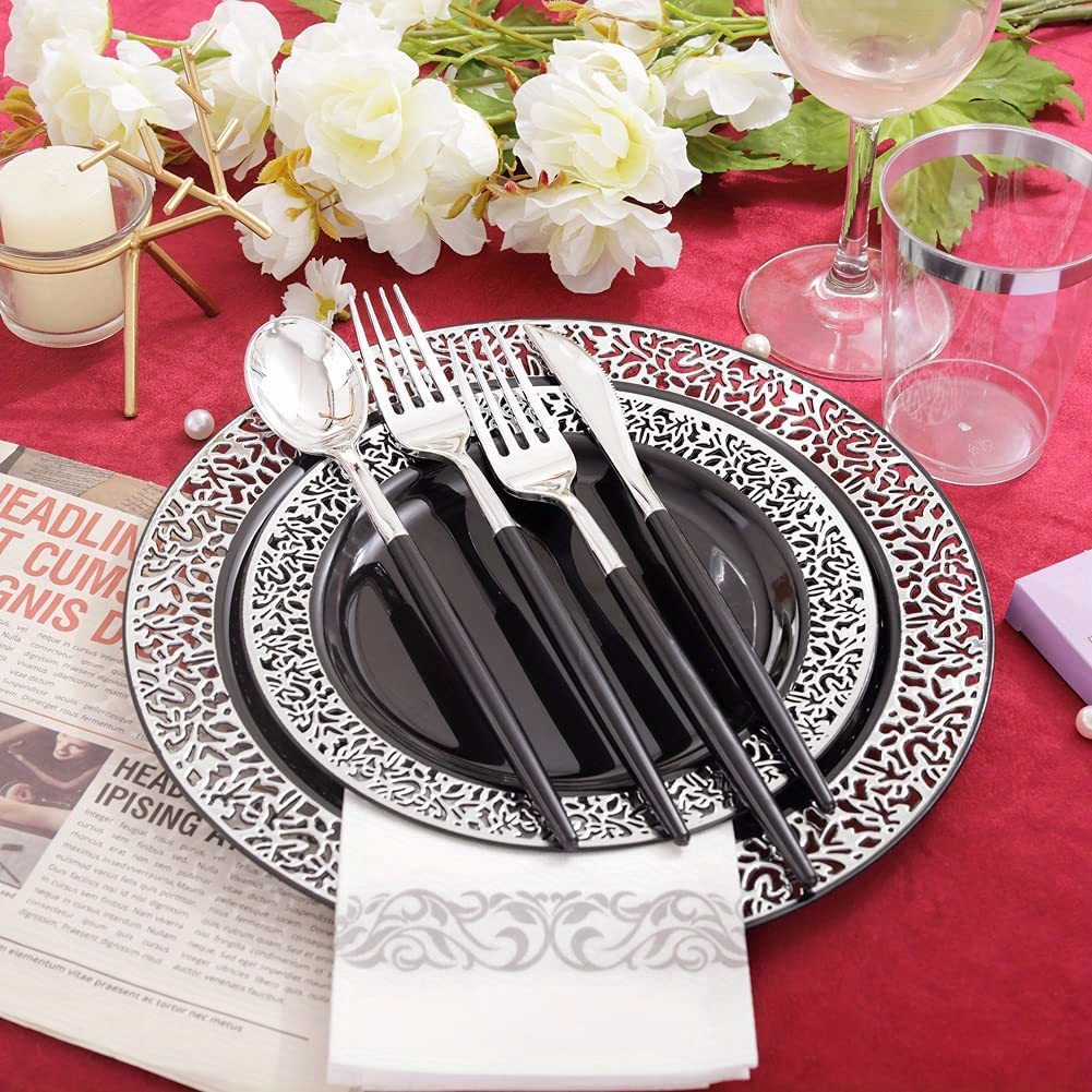 Heavy Duty Black Plastic Plates With Silvery Lace Design - 15 Dinner Plates  And 15 Dessert Plates - Perfect For Parties, Day Of The Dead, Halloween,  And Graduation - Unique And Unusual