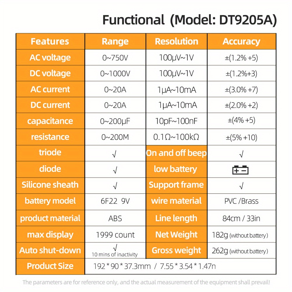 1pc DT9205A DMM Multimètre Professionnel Numérique HFE AC Tension Courant  1000V 20A Capacité Résistance Continuité Testeur De Diode Pas De Piles  Incluses - Temu France