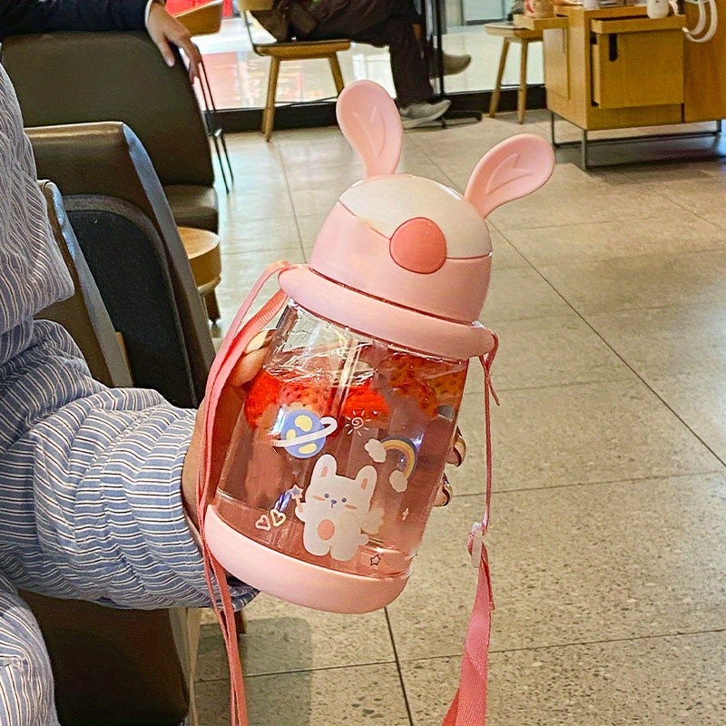 1pc Cartoon Bunny Water Bottle With Straw And Strap 600ml 20 3oz Clear  Plastic Water Cups