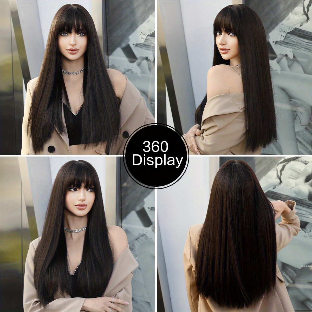 Long Natural Dark Brown Wig Bangs Straight Wigs Women Daily Temu