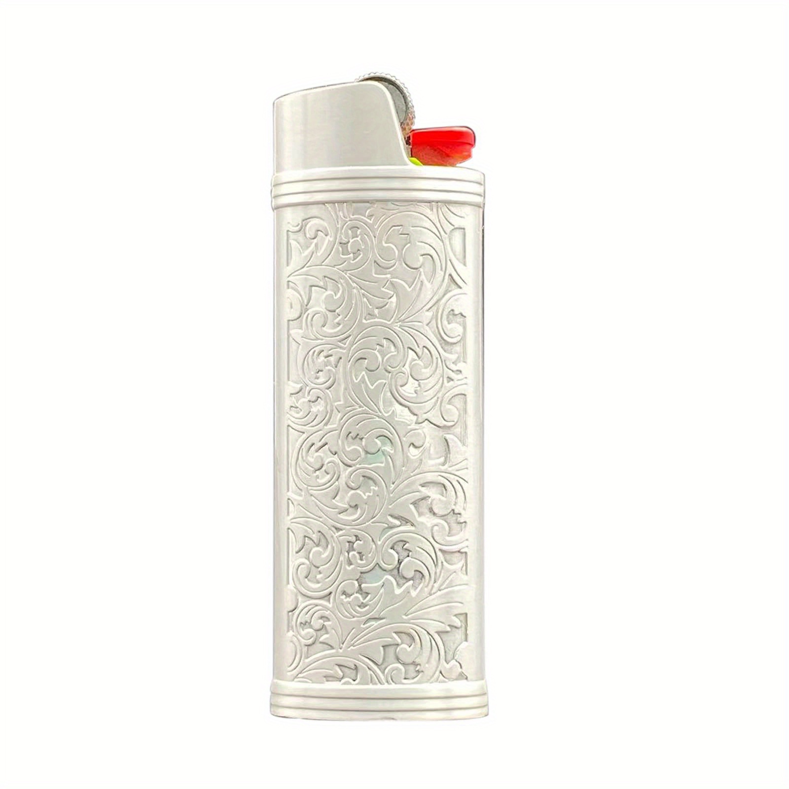 Lucklybestseller Metal Lighter Case Cover Holder Vintage Floral Stamped for  BIC Full Size Lighter J6 (White Gold)