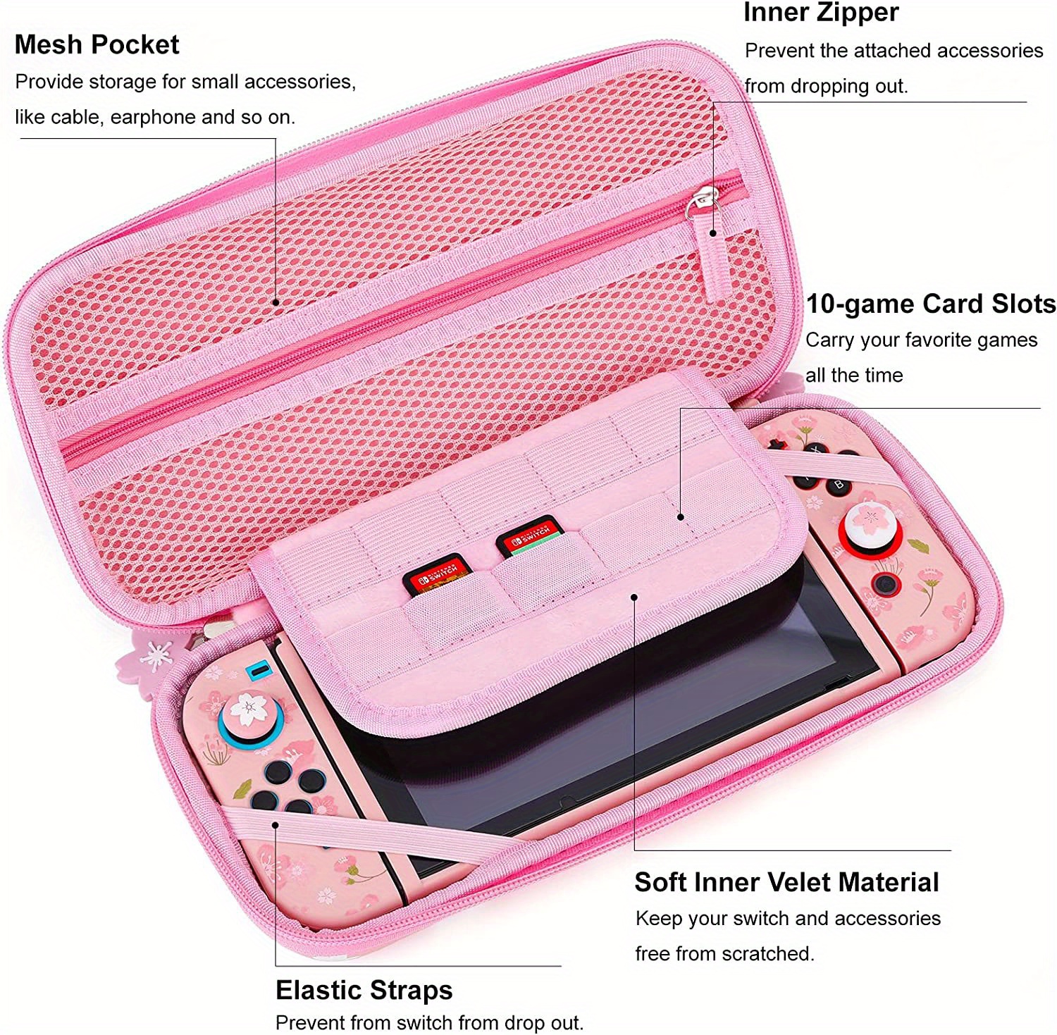 cute pink cherry blossoms storage bag cover case for nintendo switch portable travel carrying bag game accessories details 7