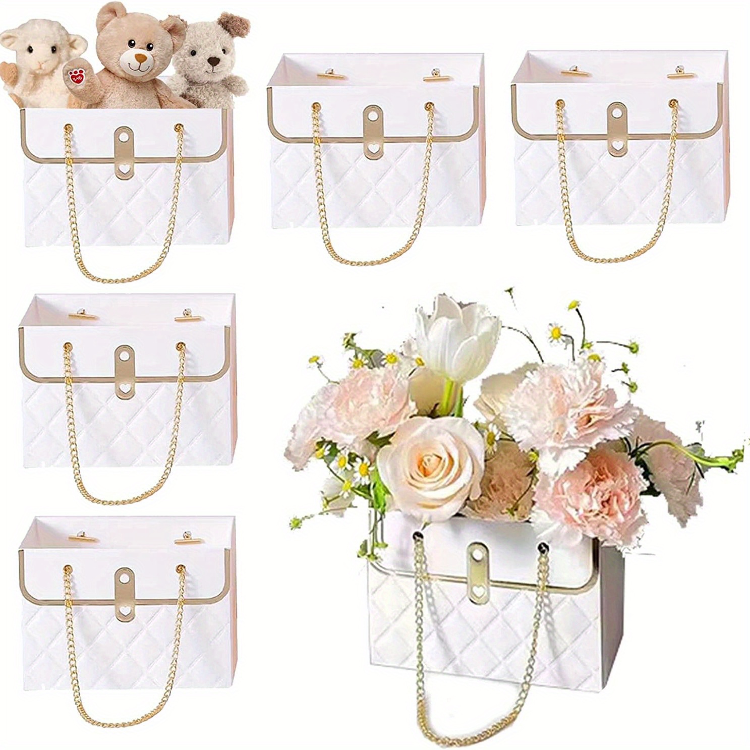 lfjfaecx 4 cajas de papel de flores para ramo de almacenamiento, bolsa de  floristería, bolsa de mano, ramo de flores, cesta de embalaje de  floristería con cadena de metal, bolsa de regalo